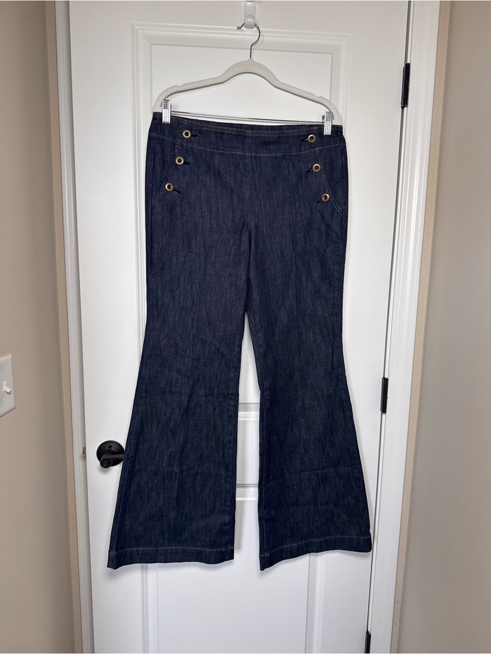 New York & Company Dark Indigo Flare Jeans with Sailor Front Button Detail